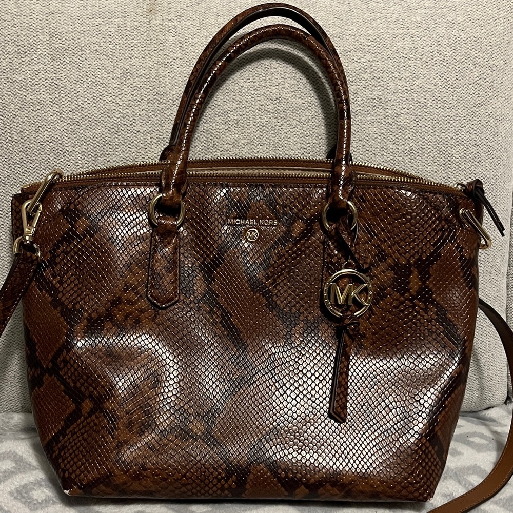 Michael Kors Snake Print Satchel in Rich Brown